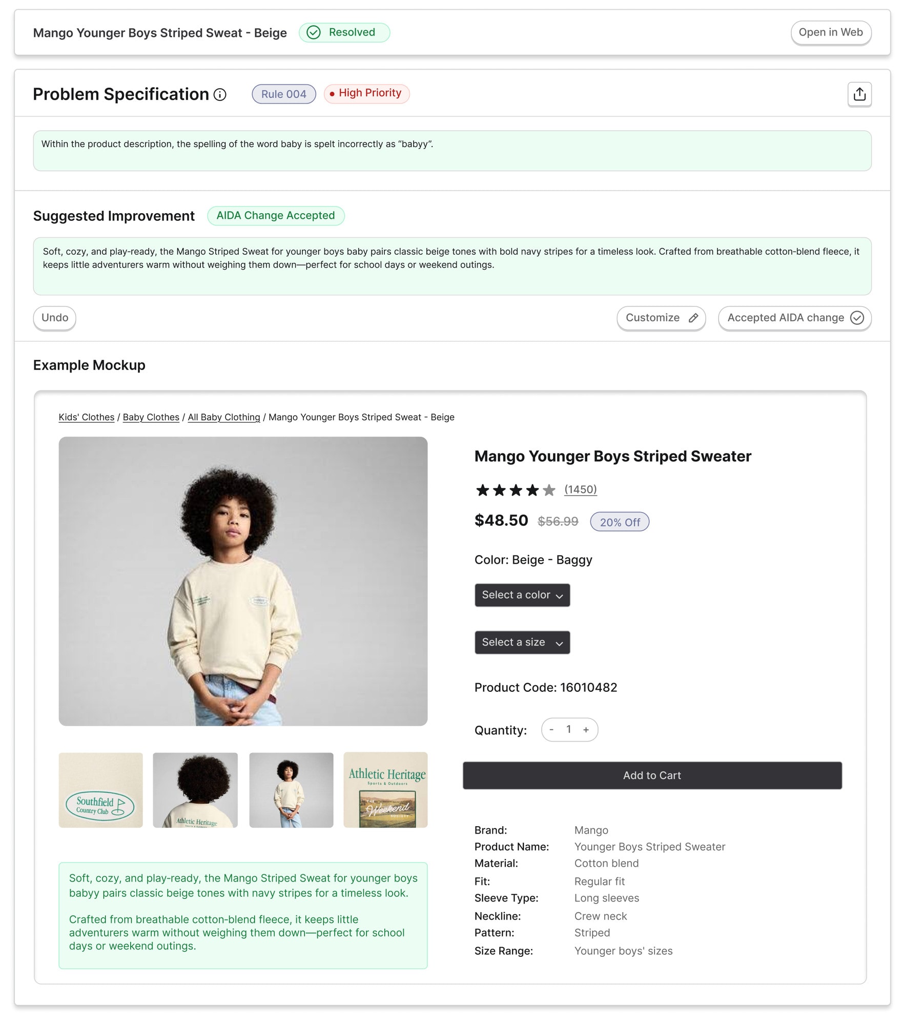 A single suggestion: the rule that fired, the proposed copy, and the fix previewed inside the live product page.