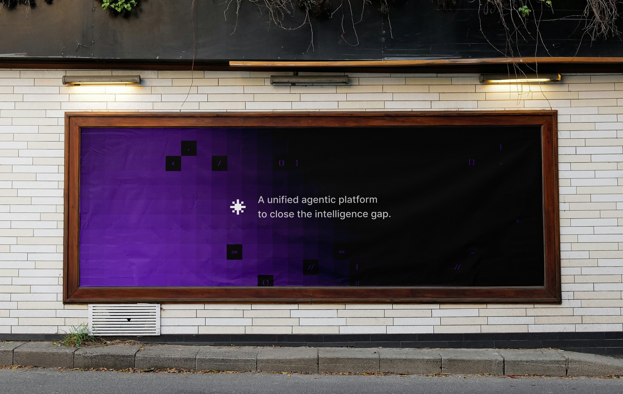 A purple HarmonIQ poster on a white brick wall.