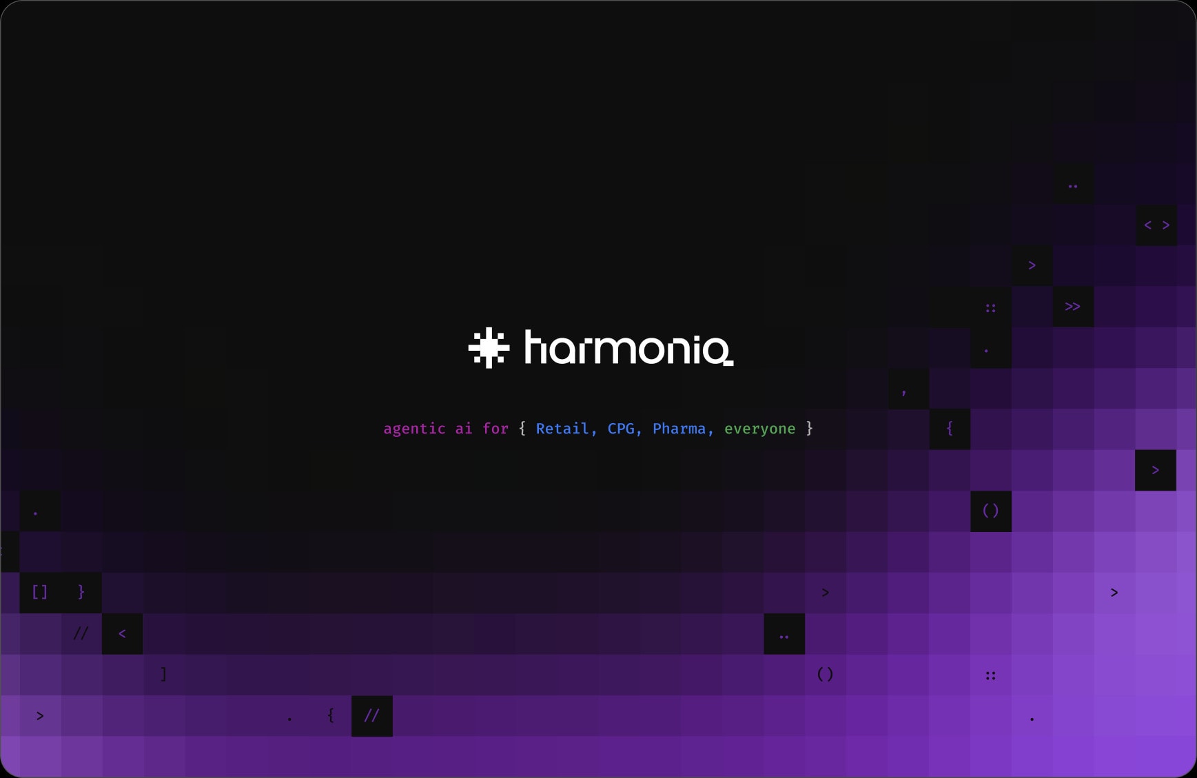 The wordmark on a purple pixel field, over "agentic ai for { Retail, CPG, Pharma, everyone }".