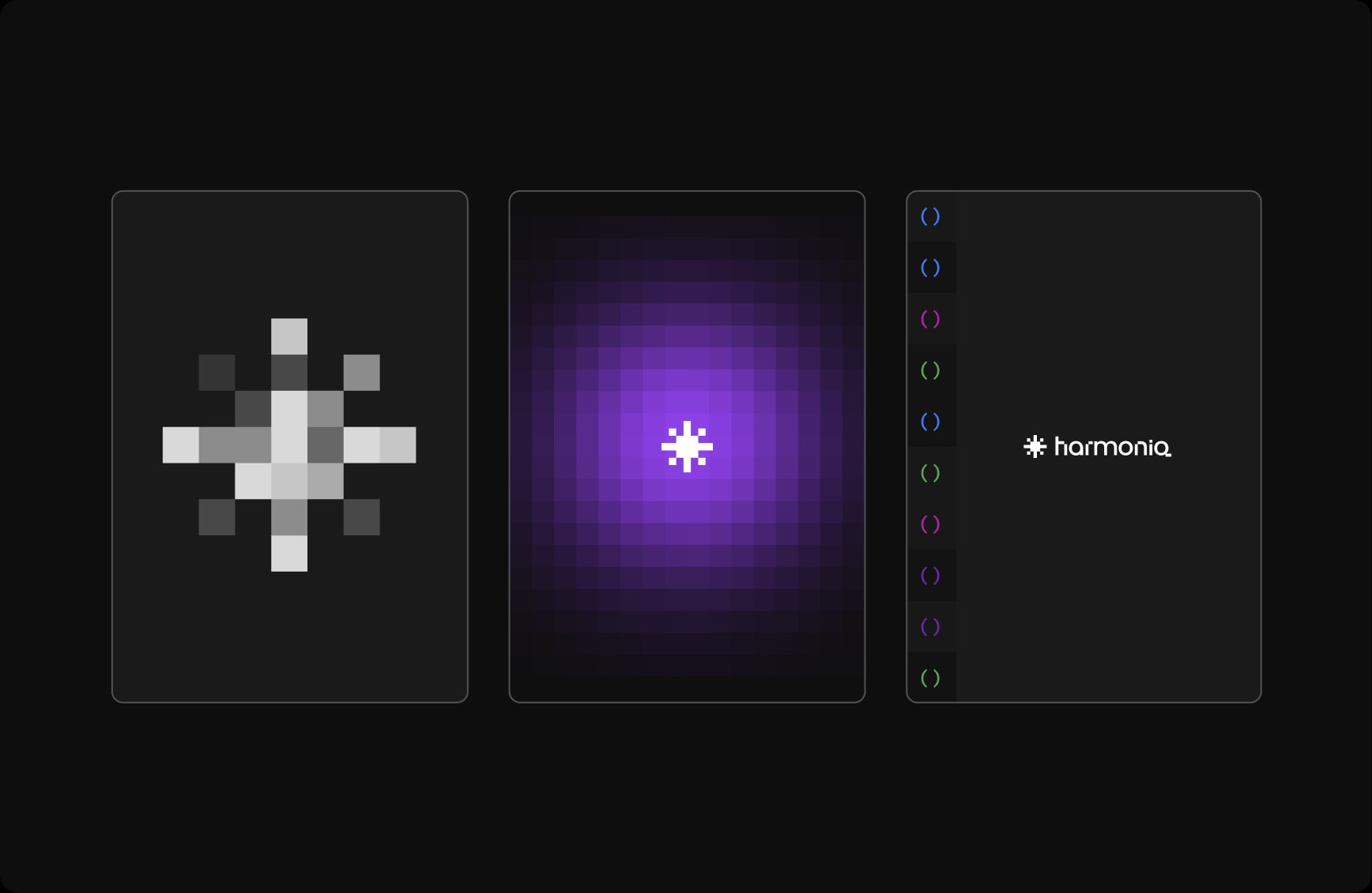 Three panels: the pixel mark, its glow, and the lockup.