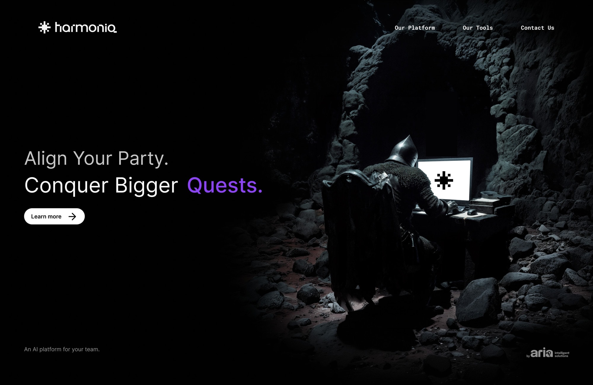 The second direction: a knight at a screen in a cave, "Align Your Party. Conquer Bigger Quests."