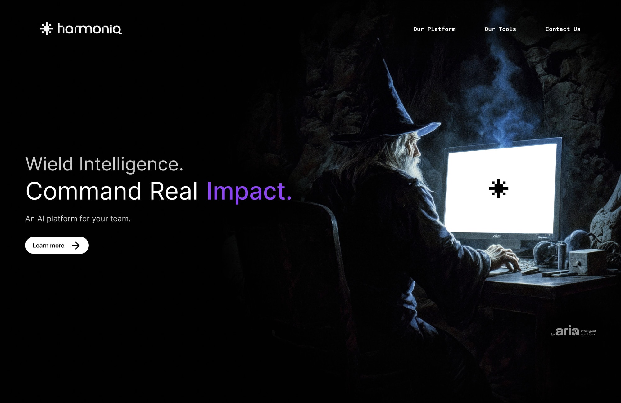 The first direction: a wizard at a glowing screen, "Wield Intelligence. Command Real Impact."