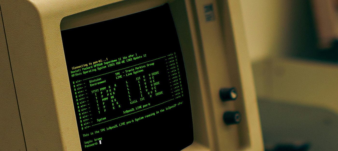 The 1978 terminal on a store desk, TPK LIVE on its screen.