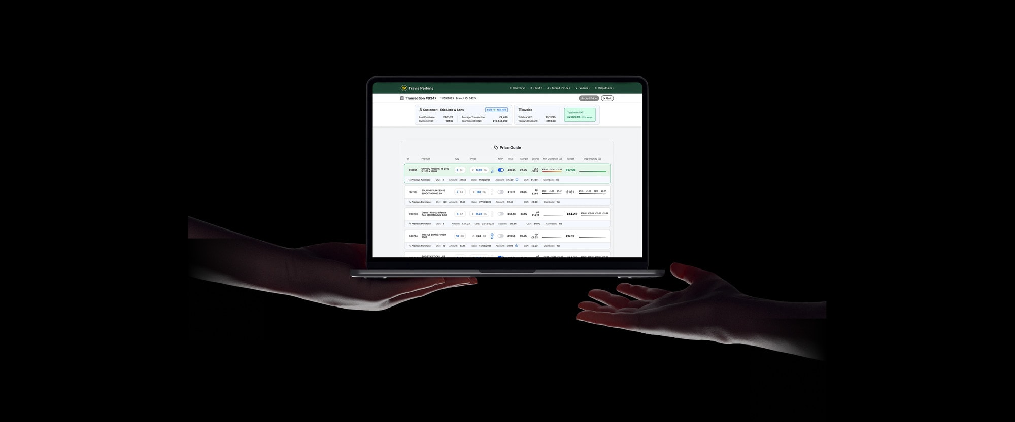 The price negotiation screen on a laptop, held in two hands against black.