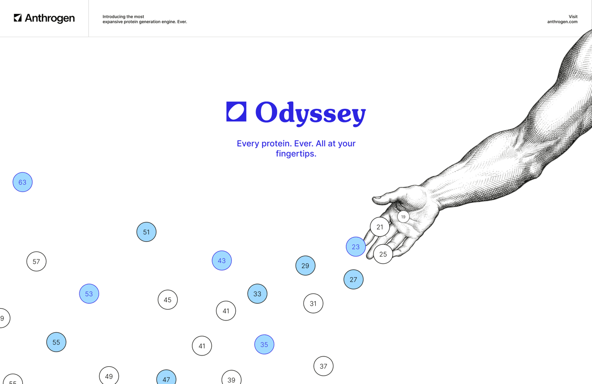 Odyssey page with scattered blue nodes reaching toward an engraved outstretched hand.