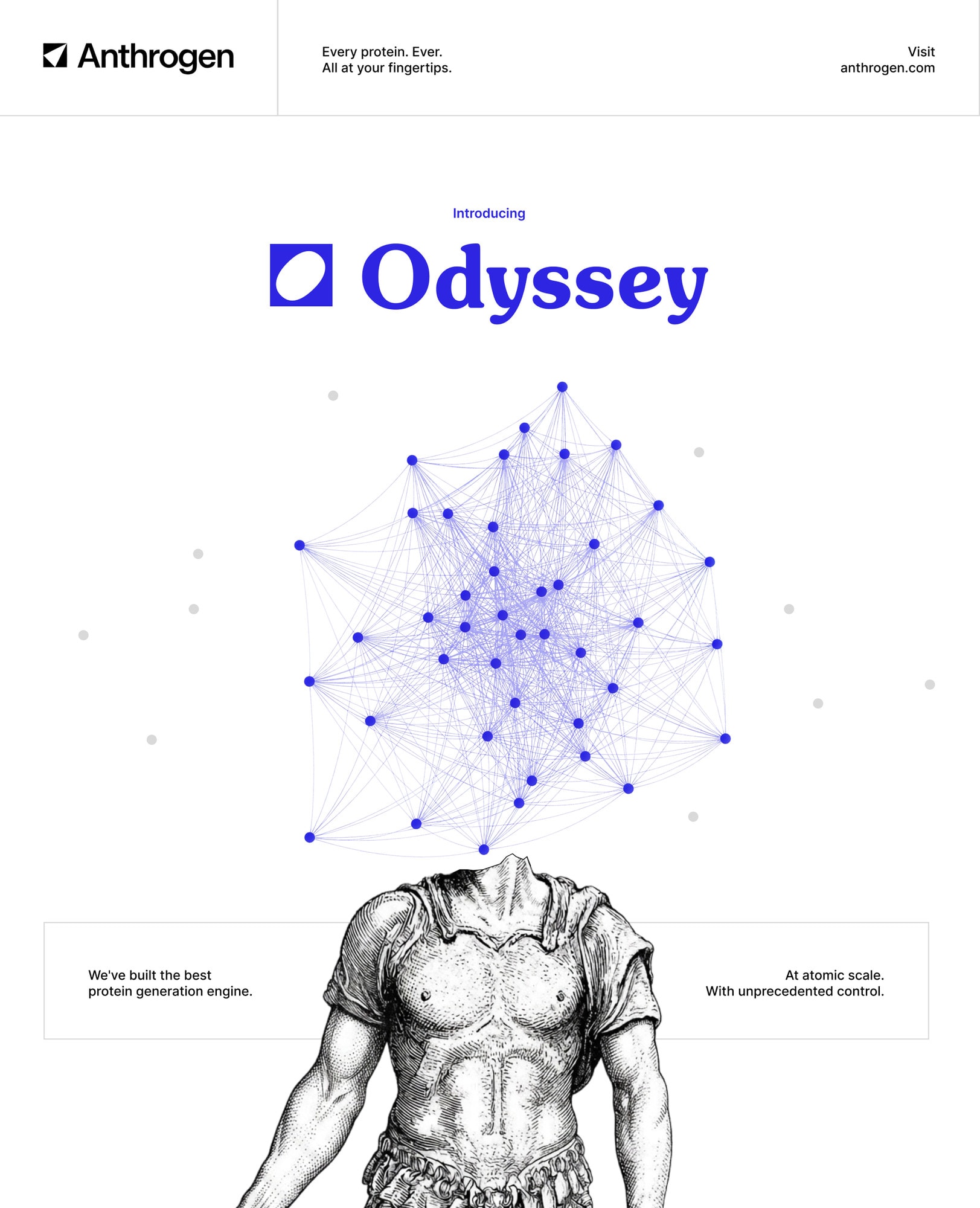 Odyssey launch page, a blue node cloud above an engraved classical torso.