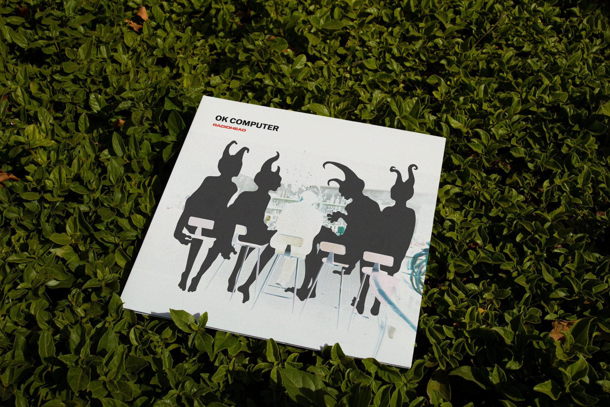 The OK Computer vinyl sleeve photographed on green foliage.