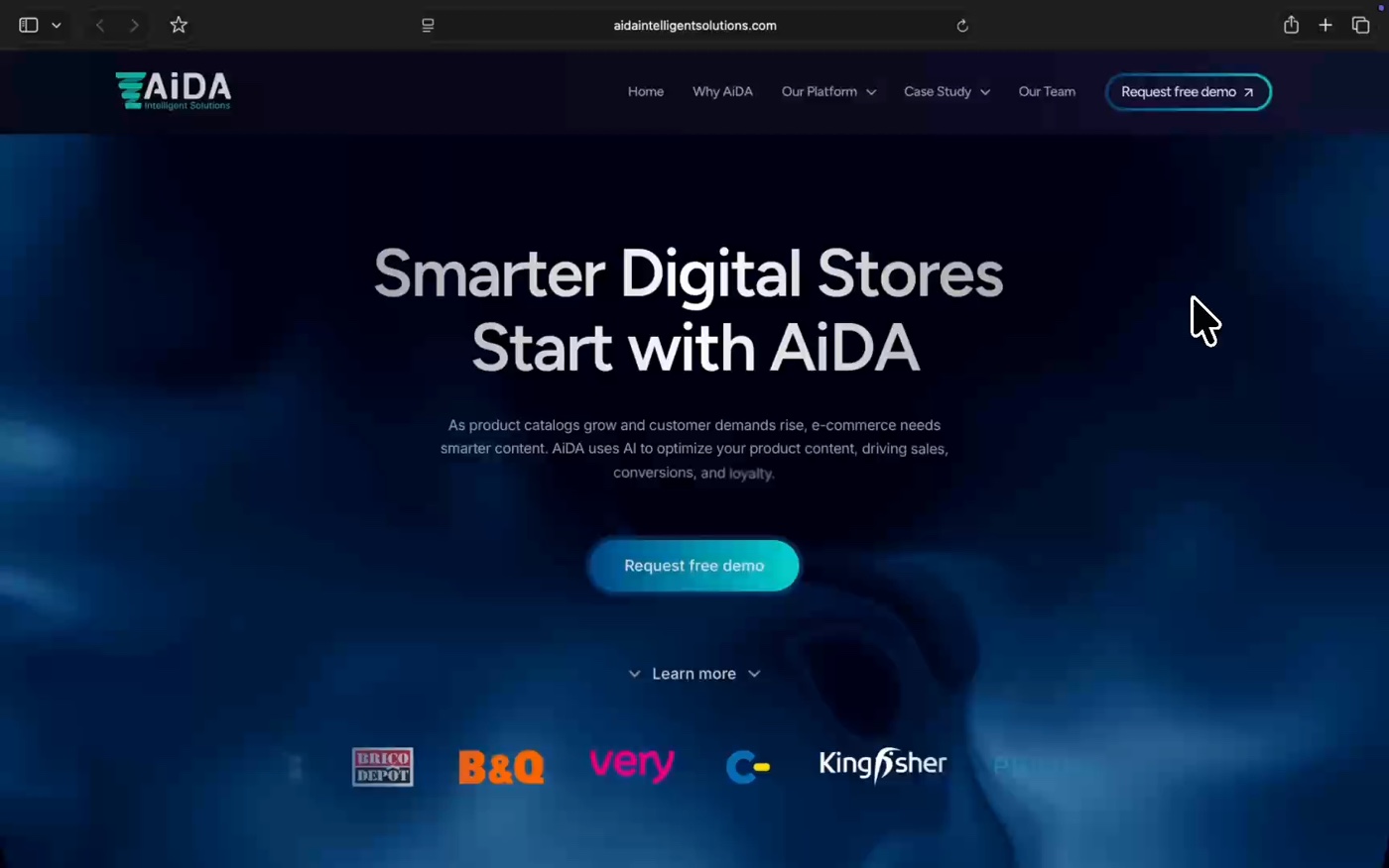 The AiDA marketing site, scrolled from its hero through the pages below it.