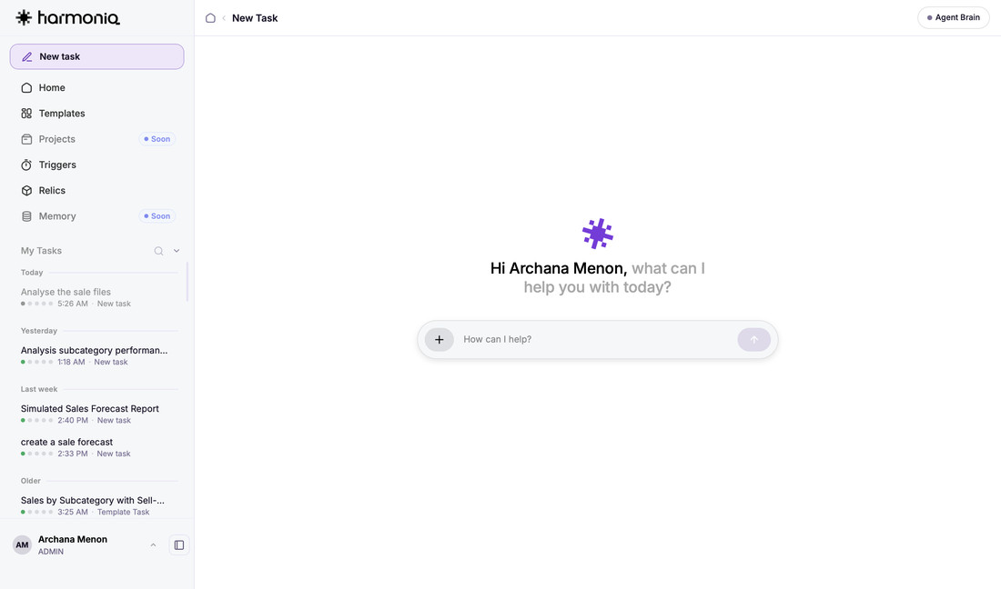 HarmonIQ beta v1: the empty new-task prompt screen