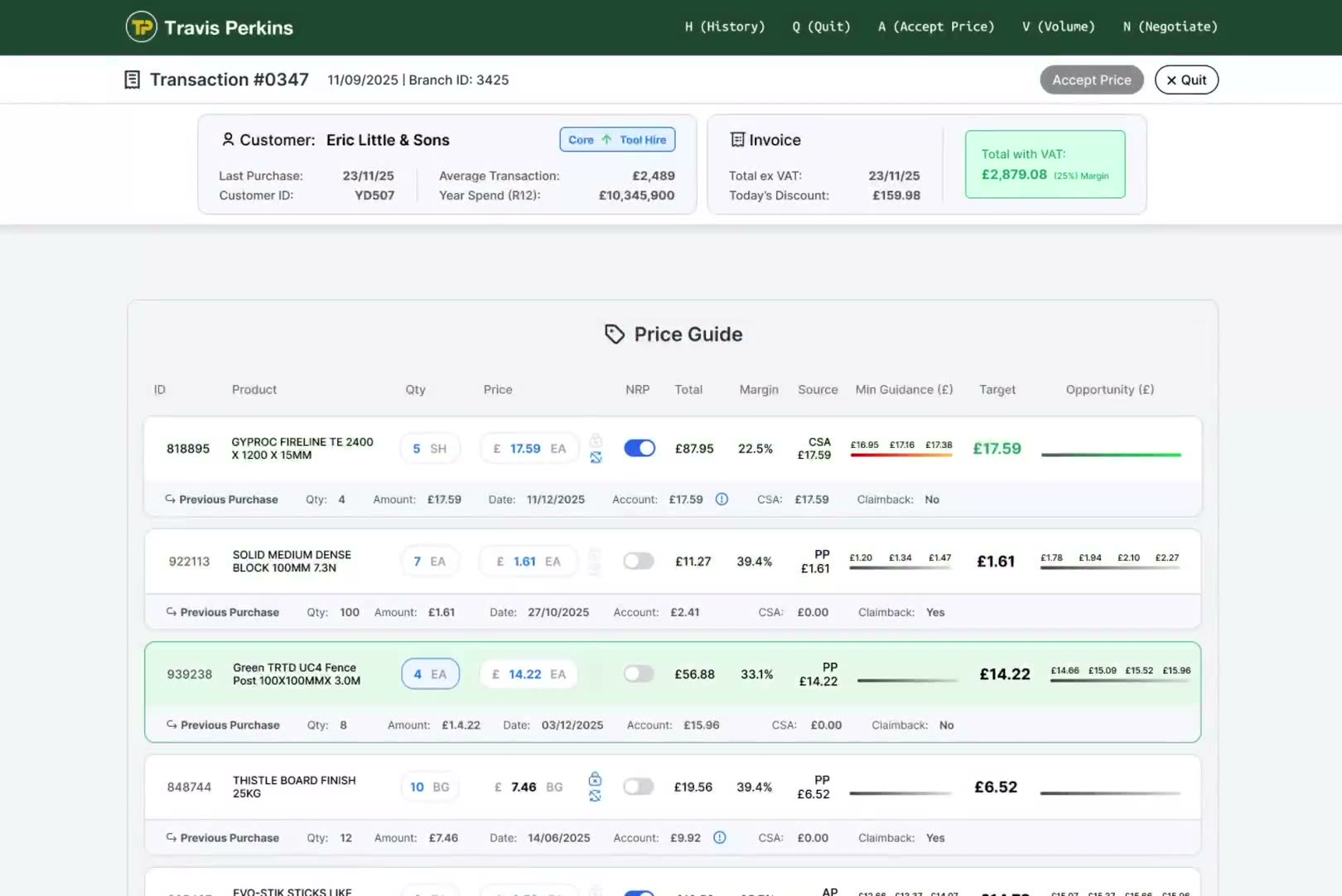The price negotiation screen in use: a line item priced, then the customer purchase history opened over it.