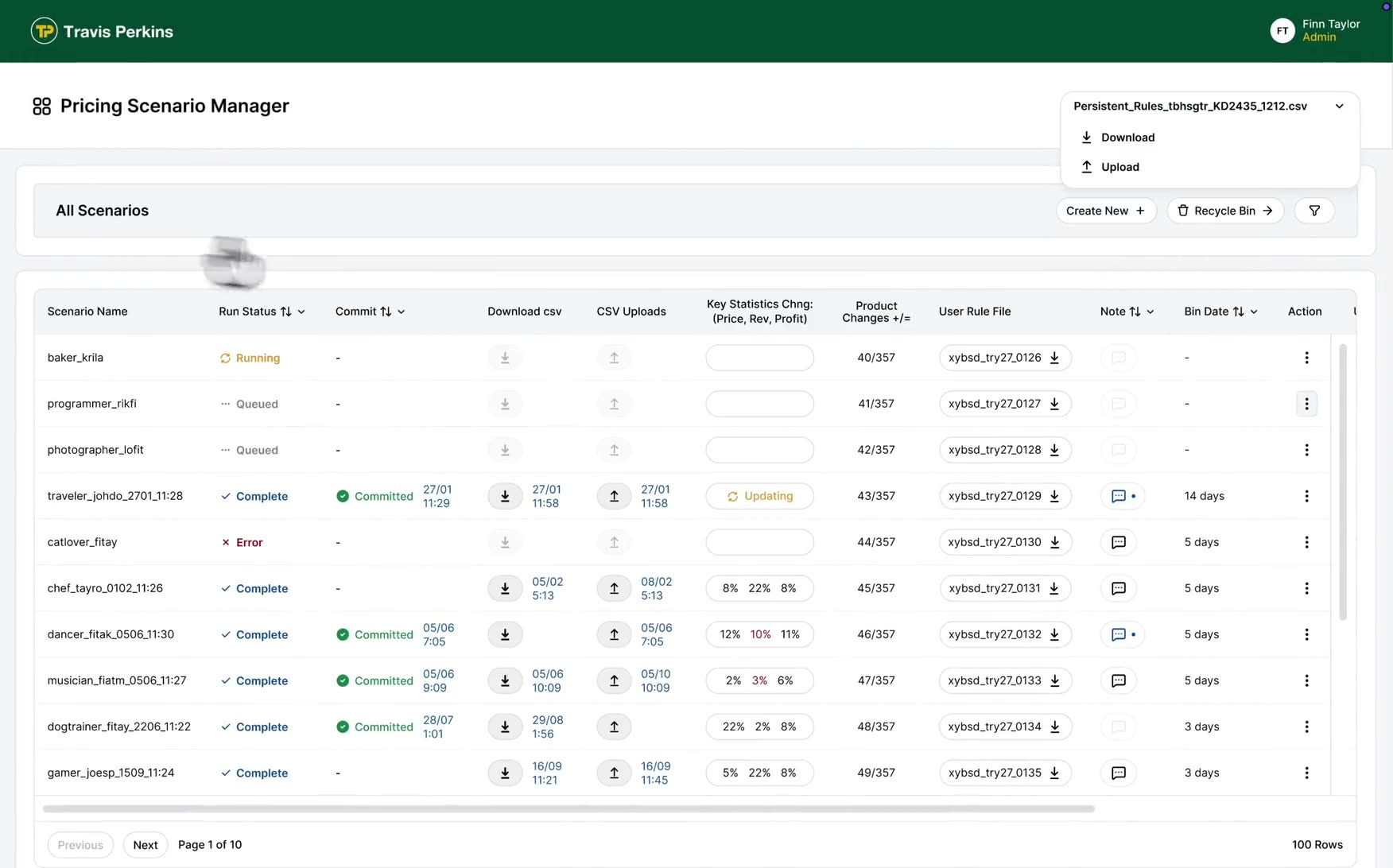 The price scenario manager: signing in, then a scenario configured and run.